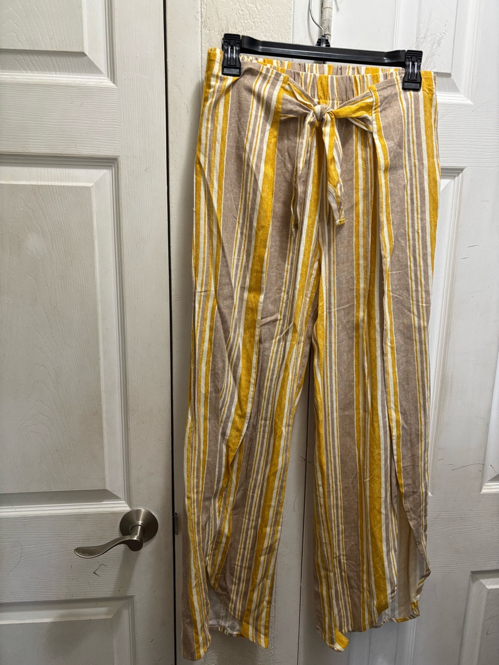 Lavender sky Striped Yellow & Tan Tie-Waist Wide-Leg Pants